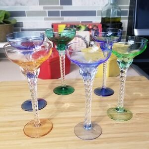 Hand Blown Multicolor Cordial Liqueur Glasses Clear Twisted Stems Set of 6 5.75"